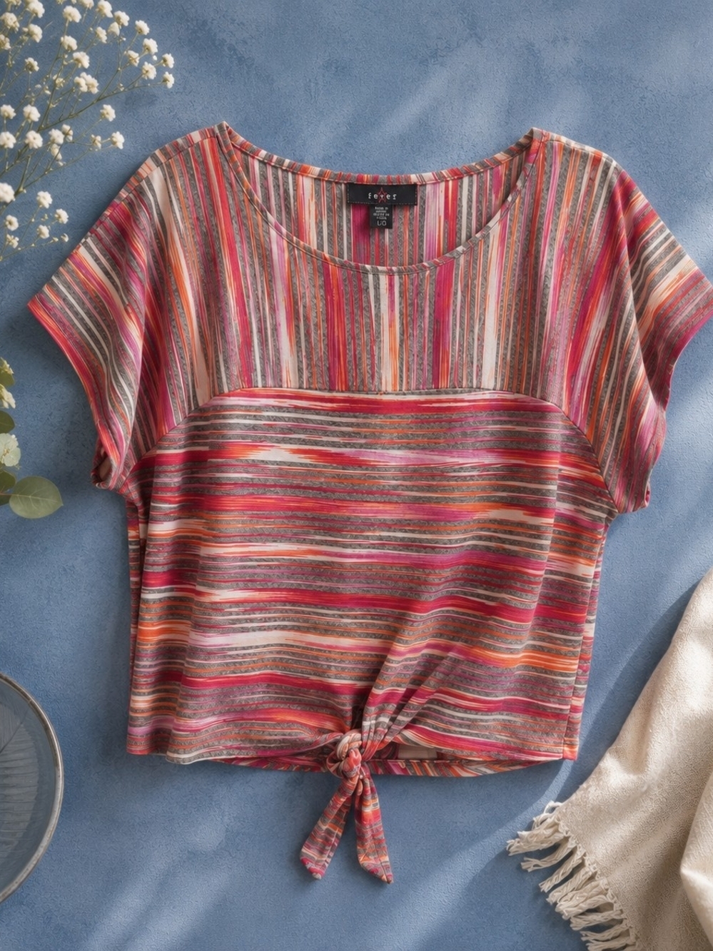 Fever Colourful Striped Tie Front Blouse | Pink Coral Grey | Size Large